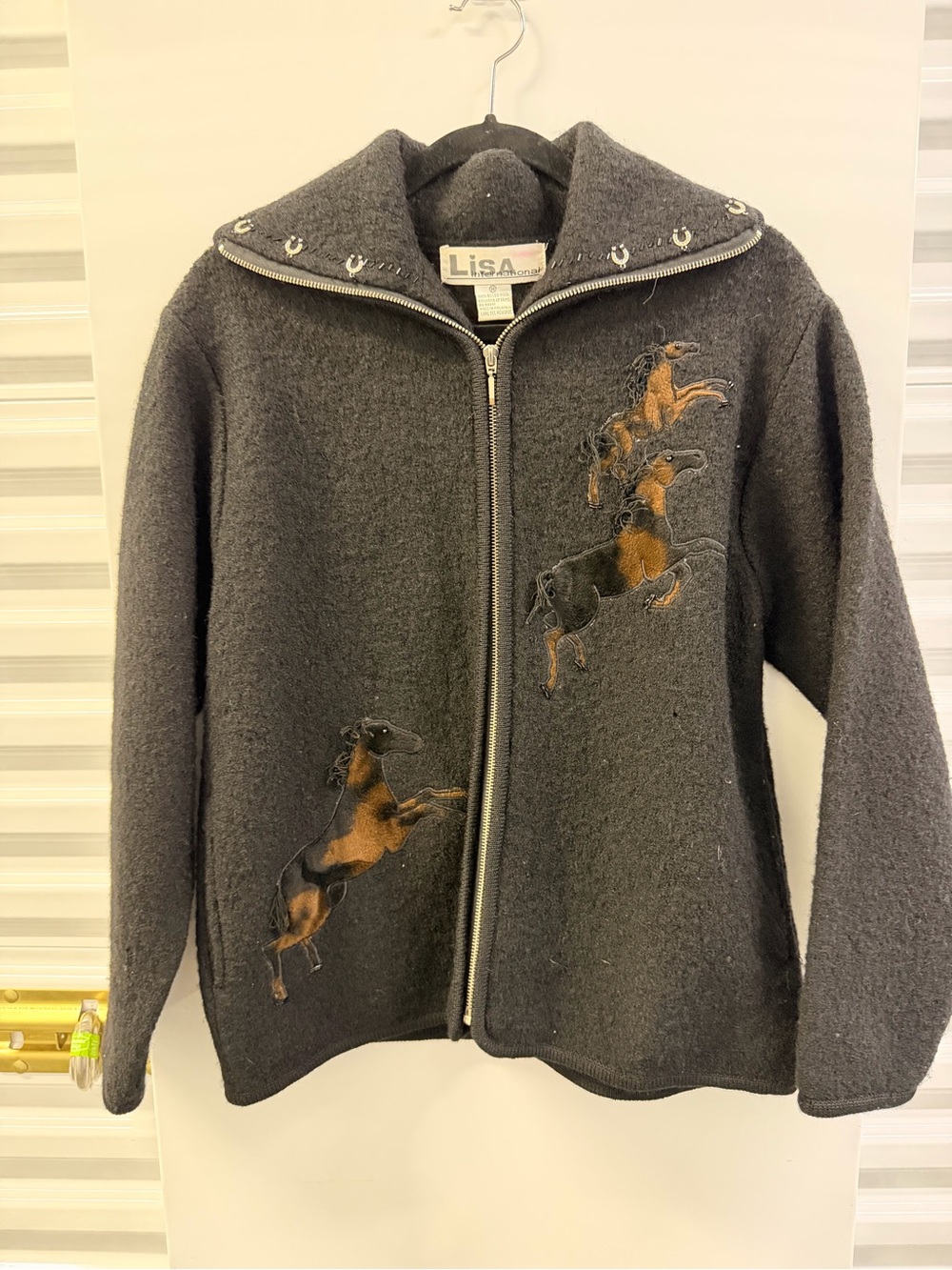 Lisa international Charcoal Zip-Up Jacket with Horse Appliqués